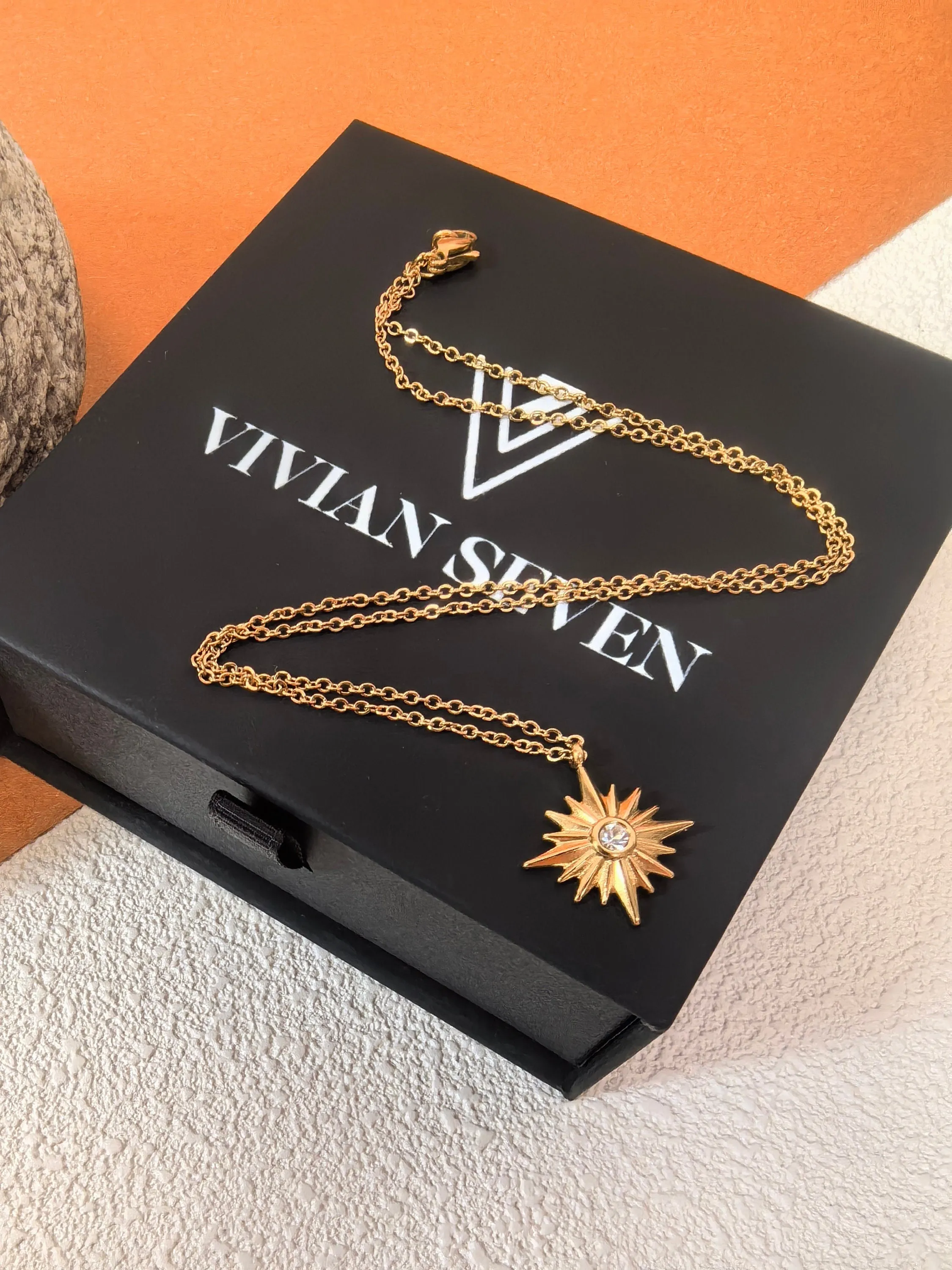 18K Gold Plate Star Zircon Pendant Chain Link Delicate Dainty Necklace