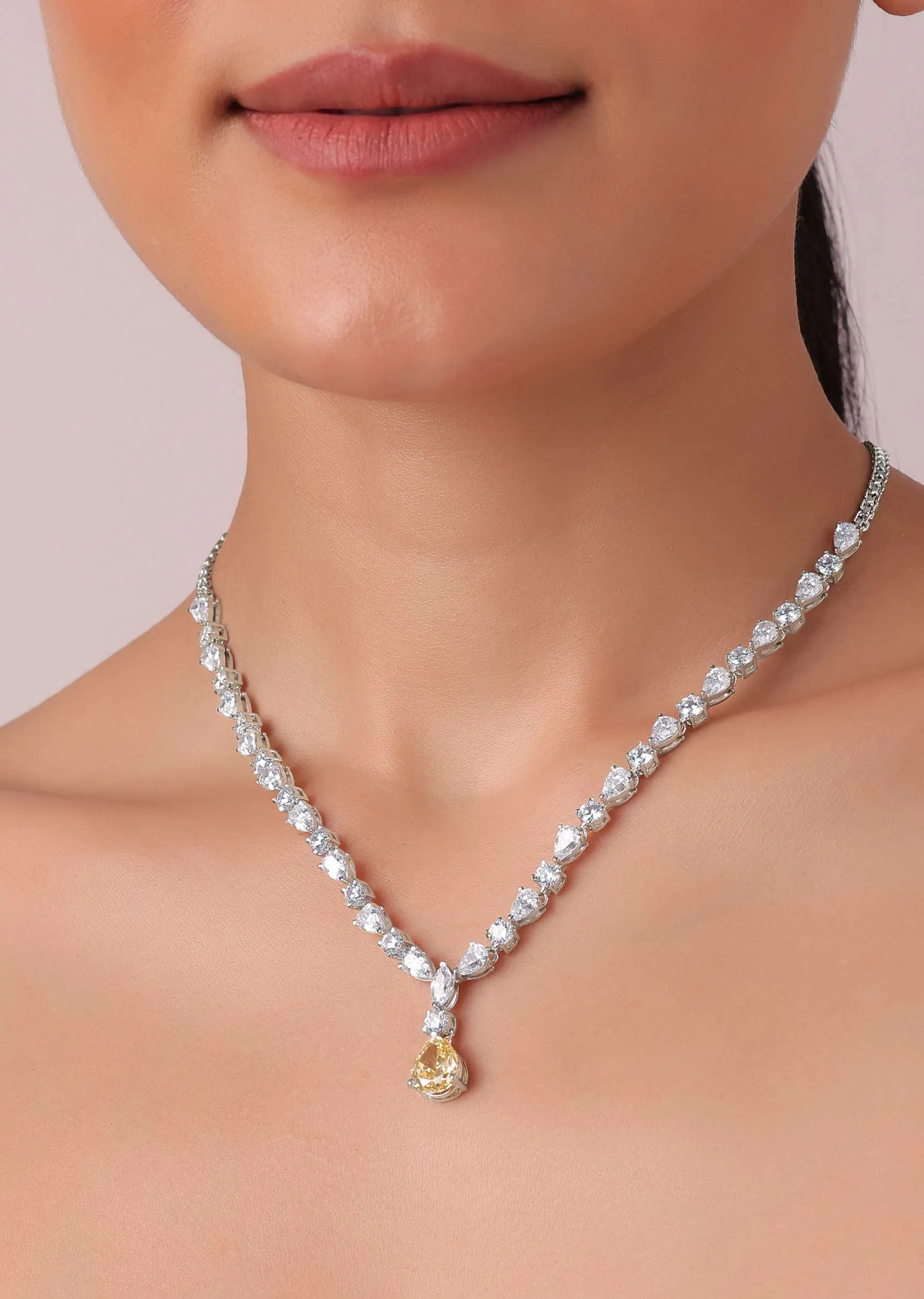 92.5 Sterling Silver Drop Pendant Necklace Set With Zirconia