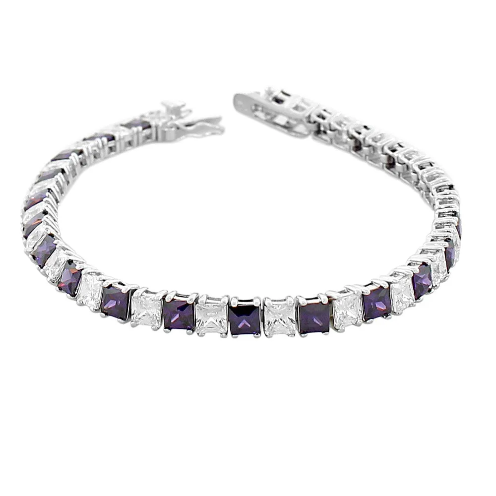 925 Sterling Silver Princess White Purple Violet Amethyst-Tone CZ Classic Tennis Bracelet