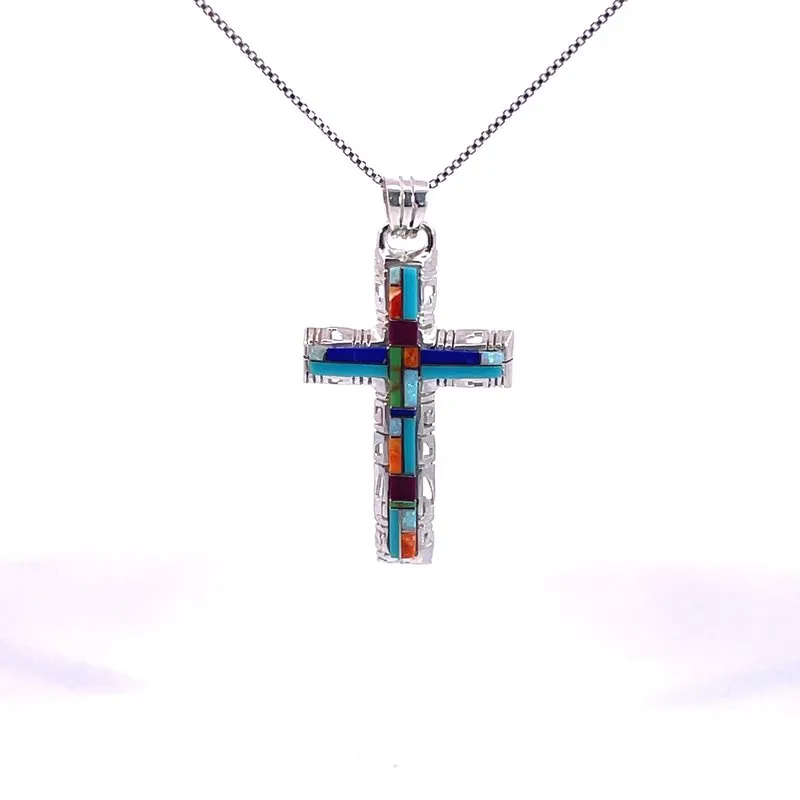 Arizona Turquoise and Inlaid Jewelry Multicolored Modern Cross Pendant