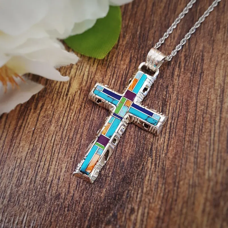 Arizona Turquoise and Inlaid Jewelry Multicolored Modern Cross Pendant