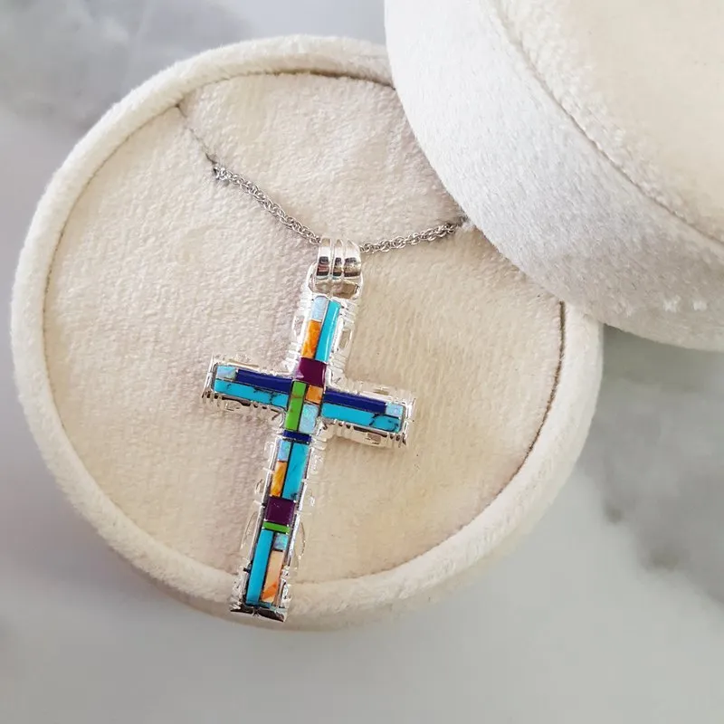 Arizona Turquoise and Inlaid Jewelry Multicolored Modern Cross Pendant