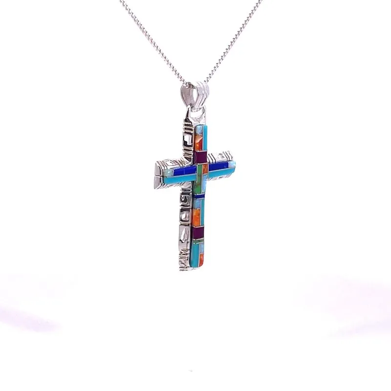 Arizona Turquoise and Inlaid Jewelry Multicolored Modern Cross Pendant