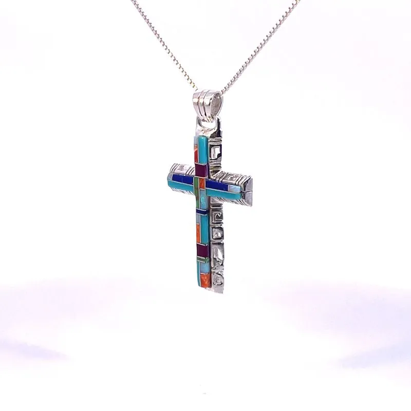 Arizona Turquoise and Inlaid Jewelry Multicolored Modern Cross Pendant