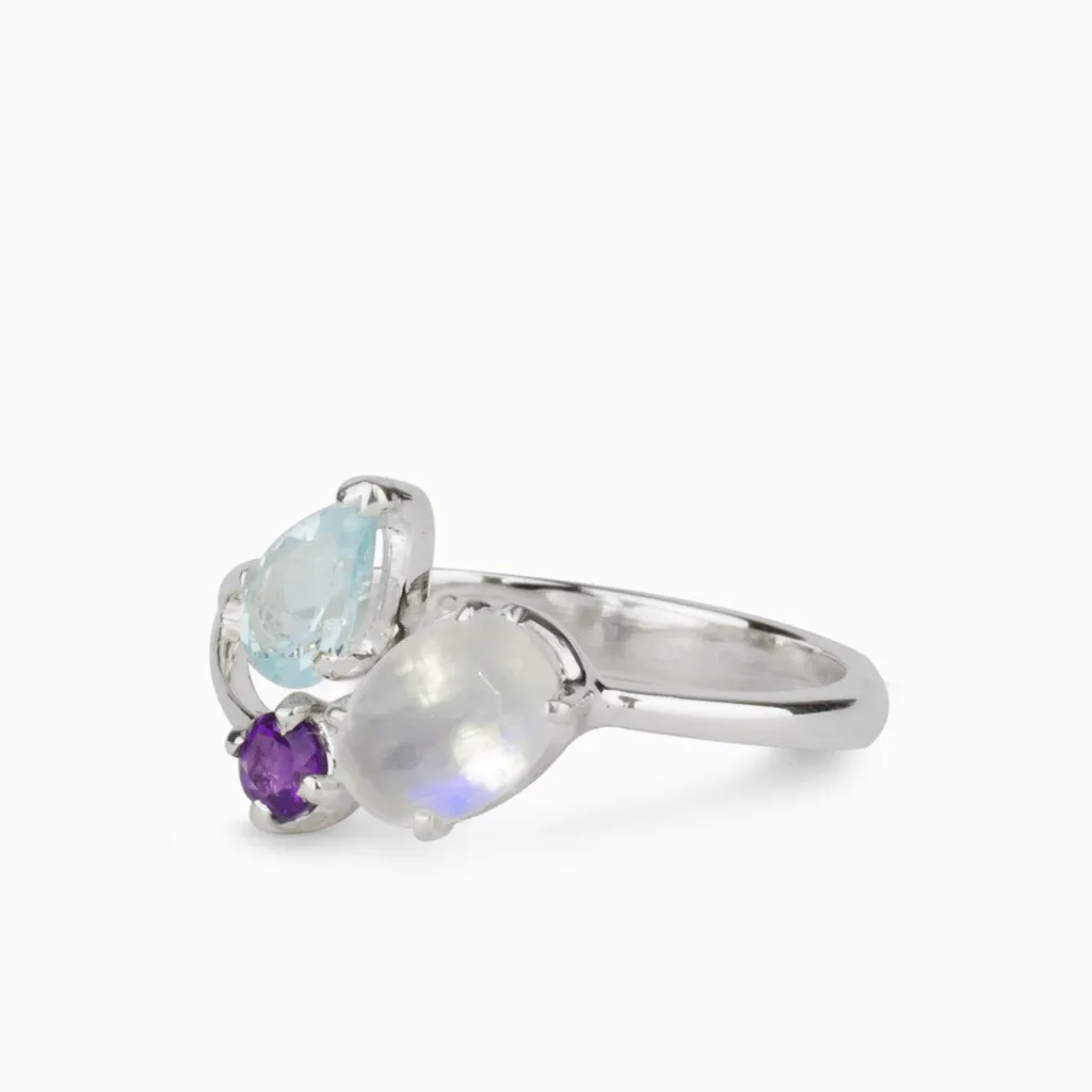 Blue Topaz, Rainbow Moonstone, & Amethyst Ring