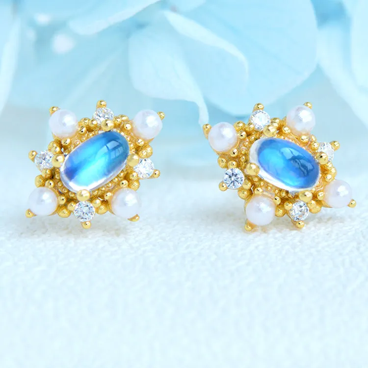 Chic Ladies Genuine Moonstone Stud Earrings Gold Plated Silver For Women