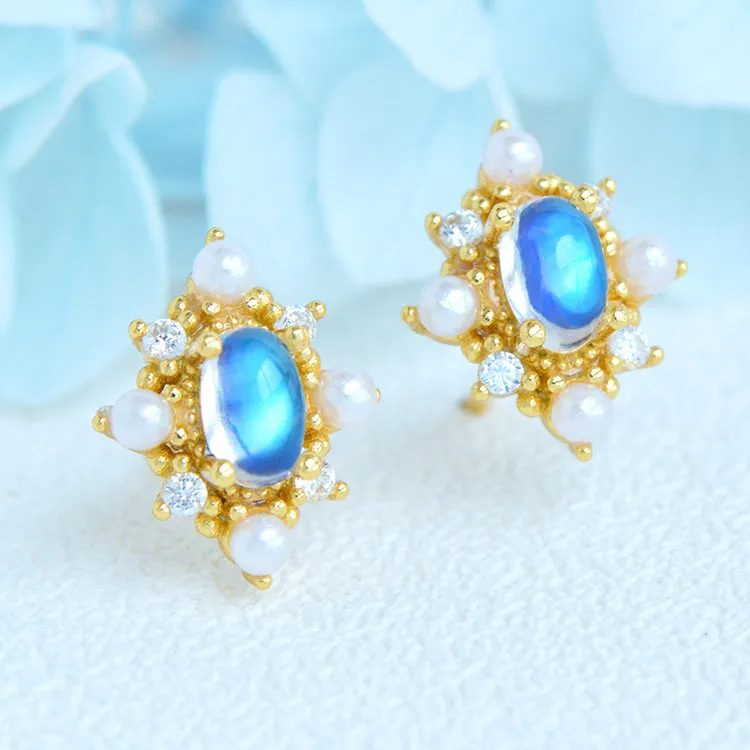 Chic Ladies Genuine Moonstone Stud Earrings Gold Plated Silver For Women