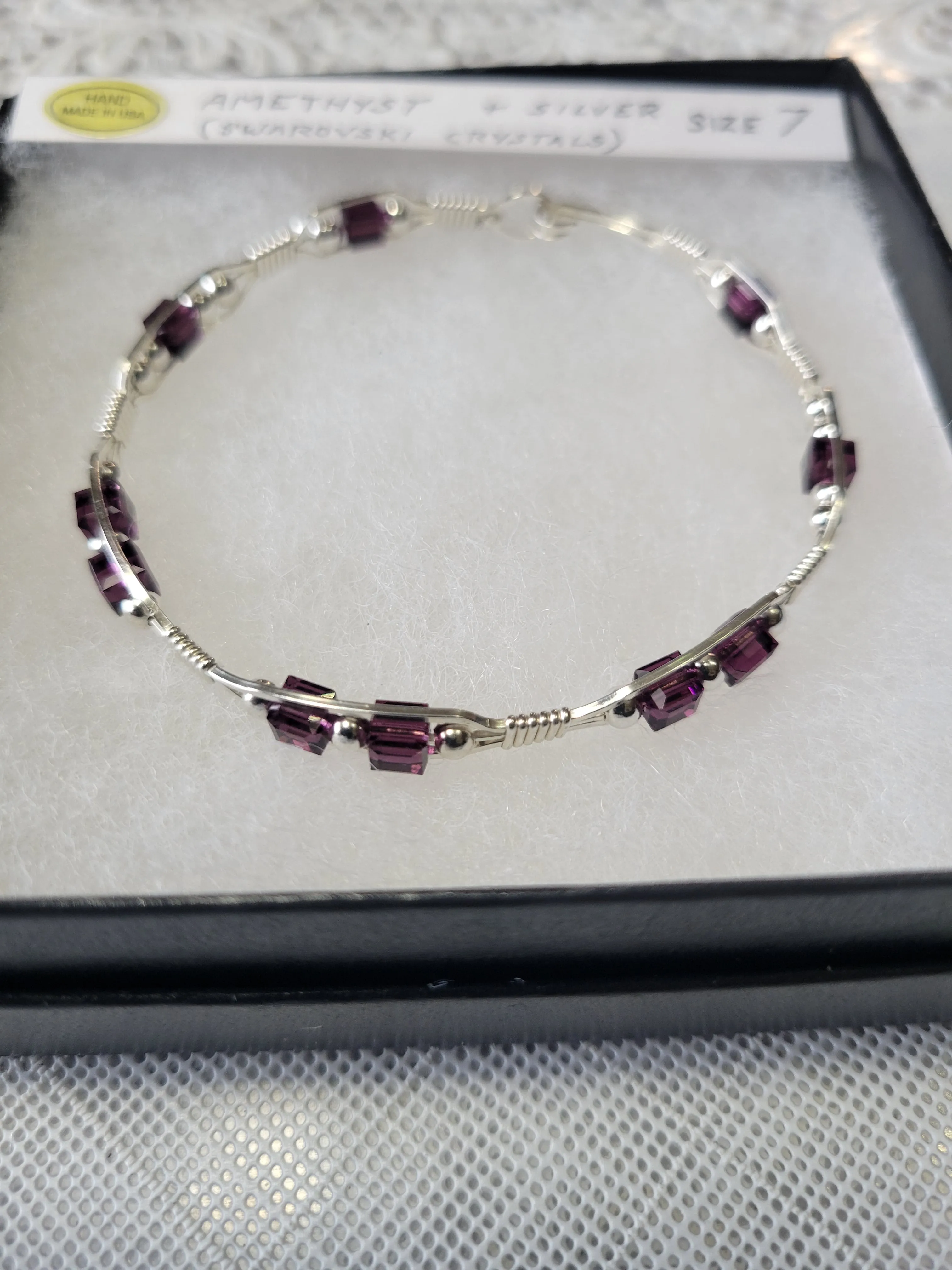 Custom Wire Wrapped Amethyst Crystal Sterling Silver Bracelet Size 7