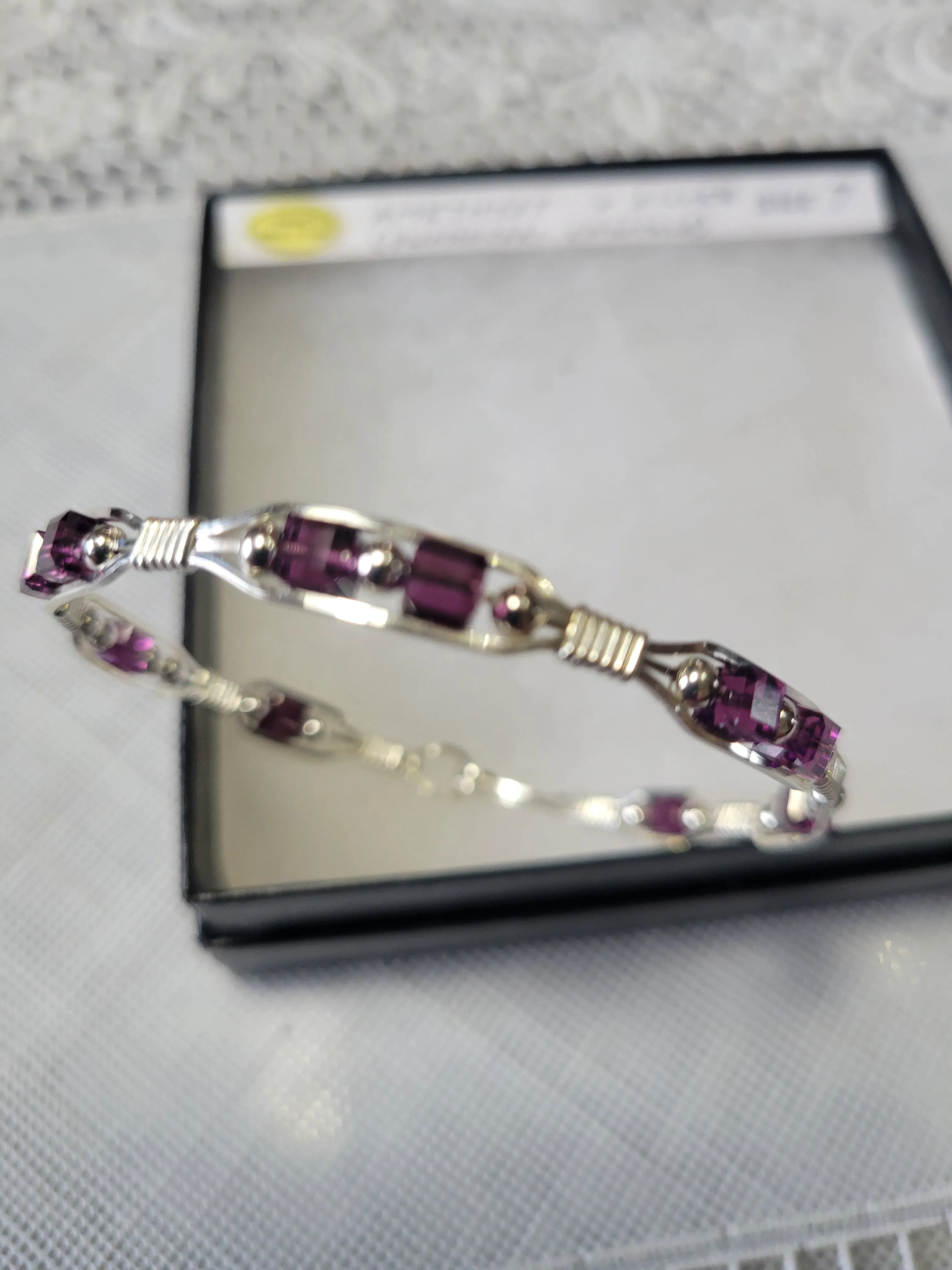 Custom Wire Wrapped Amethyst Crystal Sterling Silver Bracelet Size 7