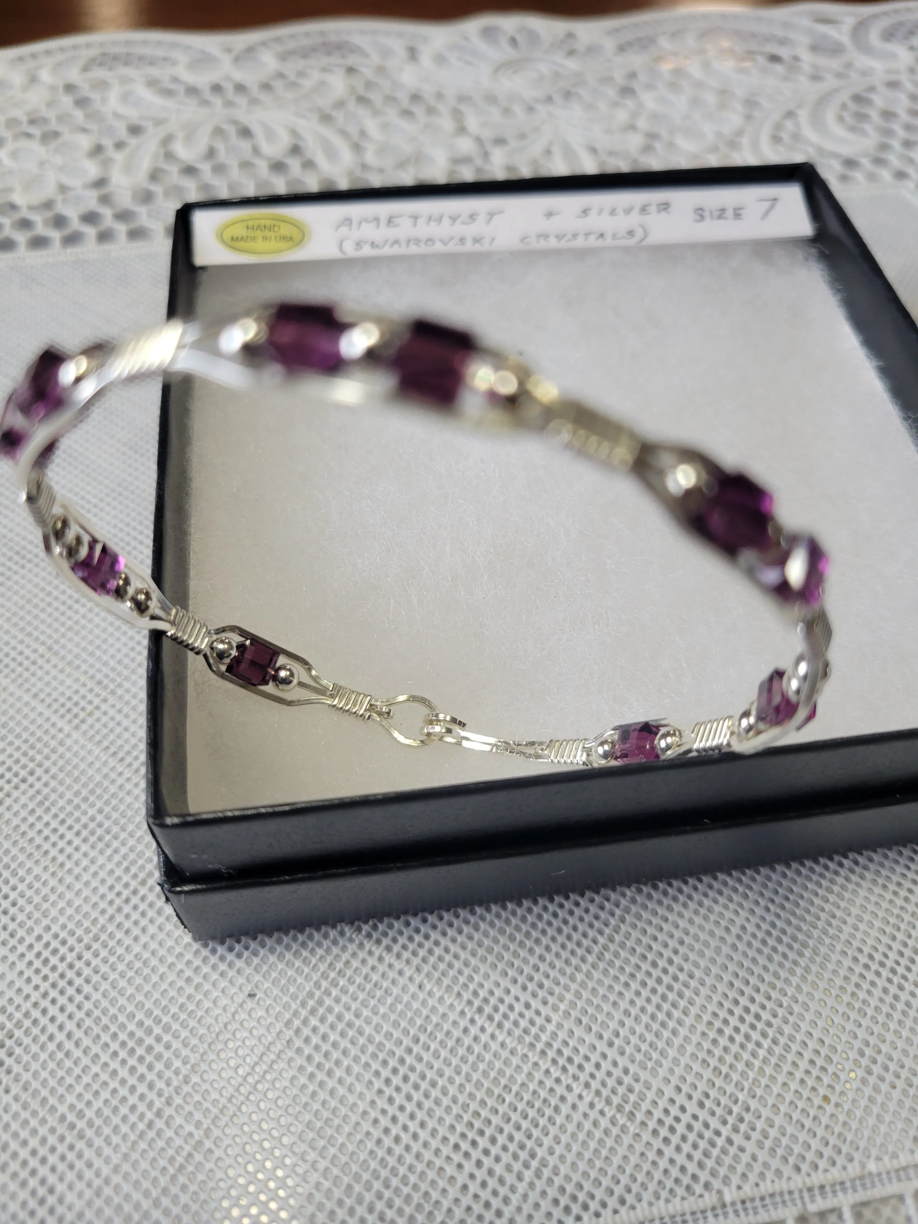 Custom Wire Wrapped Amethyst Crystal Sterling Silver Bracelet Size 7