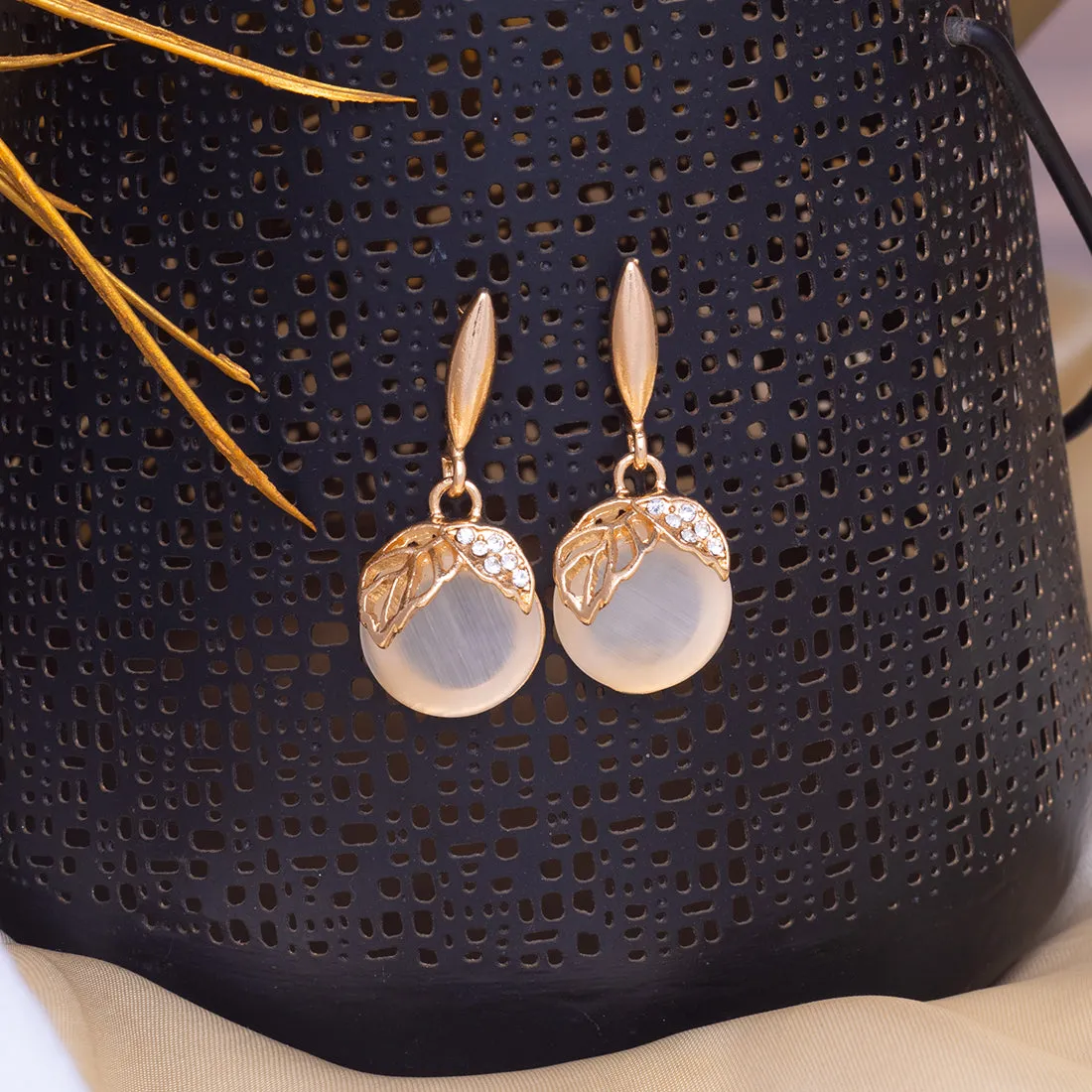 Elegant Leaf Pattern Gold-Toned Earrings With Moonstone And Diamonti Drops