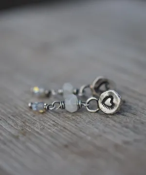 Fine Silver Post Earrings Moonstone Gemstone Dangles Sparkle White Winter Heart Earrings.