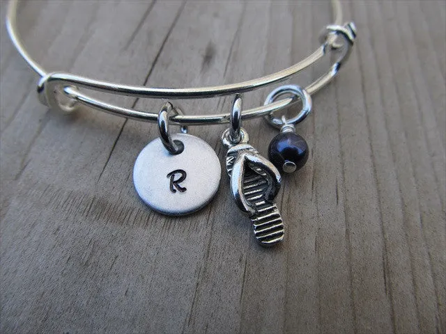 Flip Flop Charm Bracelet -Adjustable Bangle Bracelet with an Initial Charm and Accent Bead of your choice