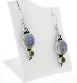 Genuine Rainbow Moonstone and Green Peridot Sterling Silver Earrings