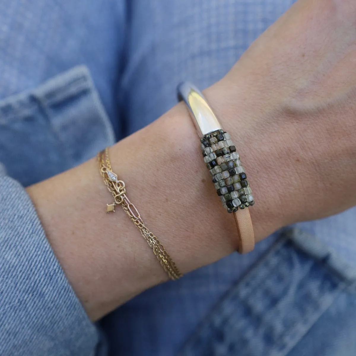 Green Amethyst Leather & Half Silver Cuff Bracelet