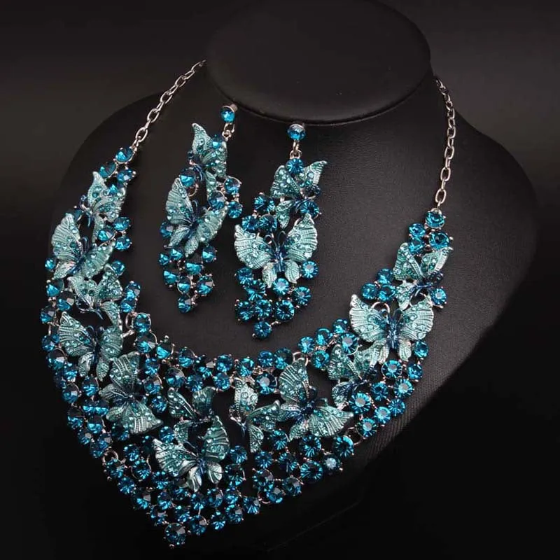 Luxury Green Necklace Earrings Butterfly Jewelry Sets Statement Choker Brides Gift Women Wedding Party Jewellery