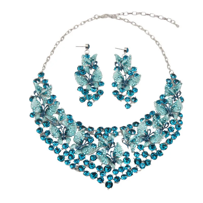 Luxury Green Necklace Earrings Butterfly Jewelry Sets Statement Choker Brides Gift Women Wedding Party Jewellery