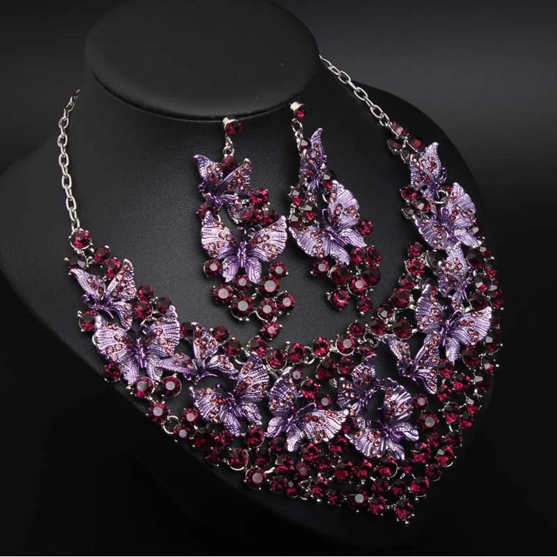 Luxury Green Necklace Earrings Butterfly Jewelry Sets Statement Choker Brides Gift Women Wedding Party Jewellery