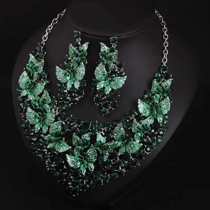 Luxury Green Necklace Earrings Butterfly Jewelry Sets Statement Choker Brides Gift Women Wedding Party Jewellery