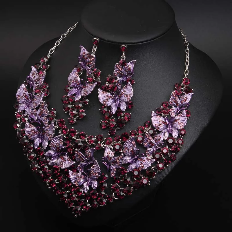 Luxury Green Necklace Earrings Butterfly Jewelry Sets Statement Choker Brides Gift Women Wedding Party Jewellery