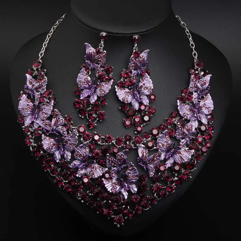 Luxury Green Necklace Earrings Butterfly Jewelry Sets Statement Choker Brides Gift Women Wedding Party Jewellery