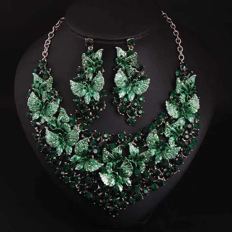 Luxury Green Necklace Earrings Butterfly Jewelry Sets Statement Choker Brides Gift Women Wedding Party Jewellery