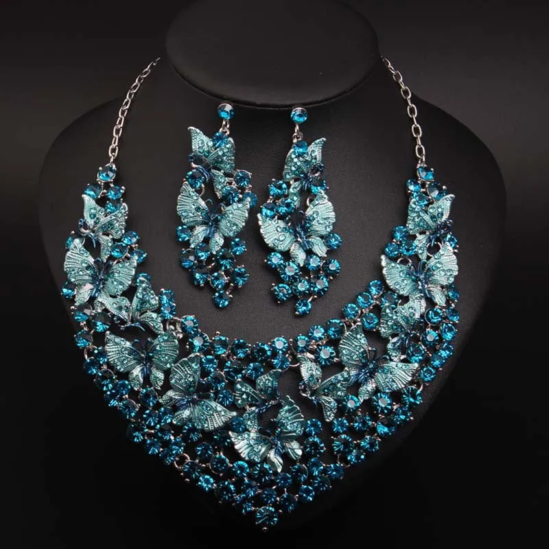 Luxury Green Necklace Earrings Butterfly Jewelry Sets Statement Choker Brides Gift Women Wedding Party Jewellery