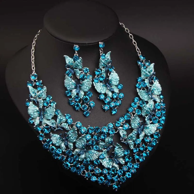 Luxury Green Necklace Earrings Butterfly Jewelry Sets Statement Choker Brides Gift Women Wedding Party Jewellery