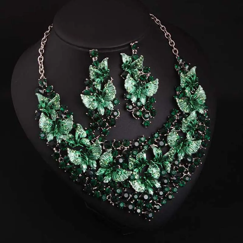Luxury Green Necklace Earrings Butterfly Jewelry Sets Statement Choker Brides Gift Women Wedding Party Jewellery