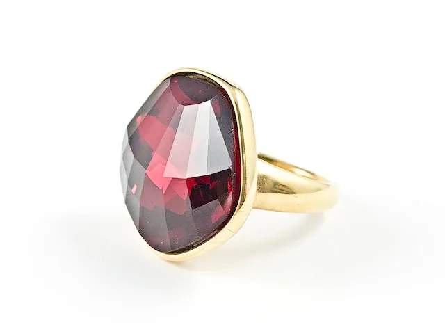 Modern Large Unique Shape Center Ruby Color CZ Gold Tone Steel Ring