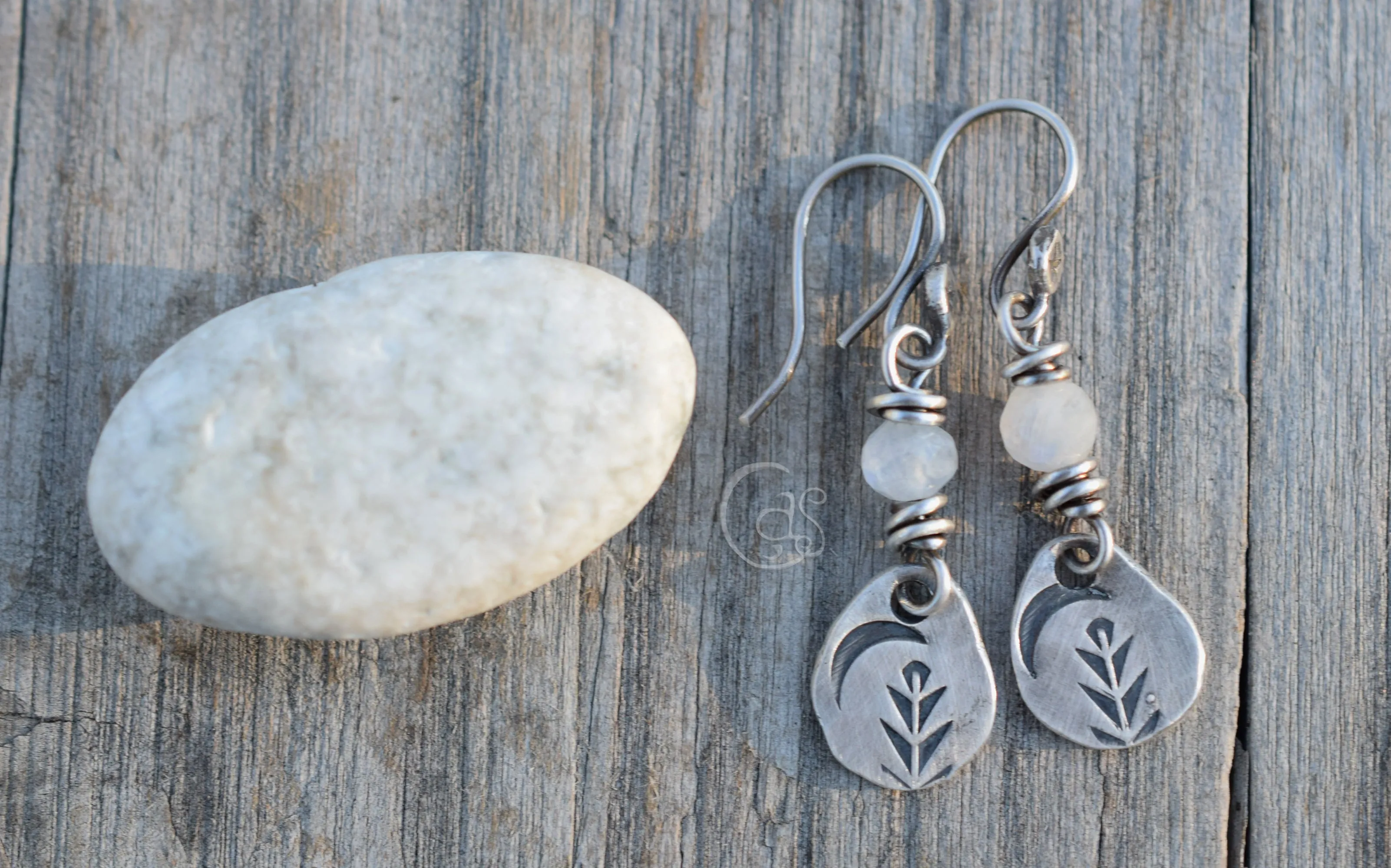 Moonstone Gemstone Earrings. Silver Nugget Crescent Moon Dangles. Handcrafted Boho Style Jewelry 12503