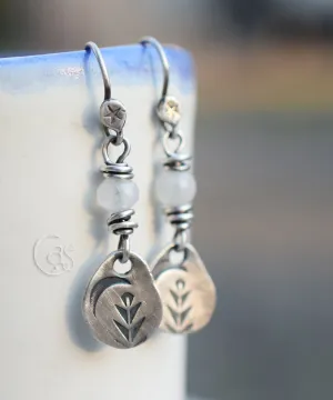 Moonstone Gemstone Earrings. Silver Nugget Crescent Moon Dangles. Handcrafted Boho Style Jewelry 12503