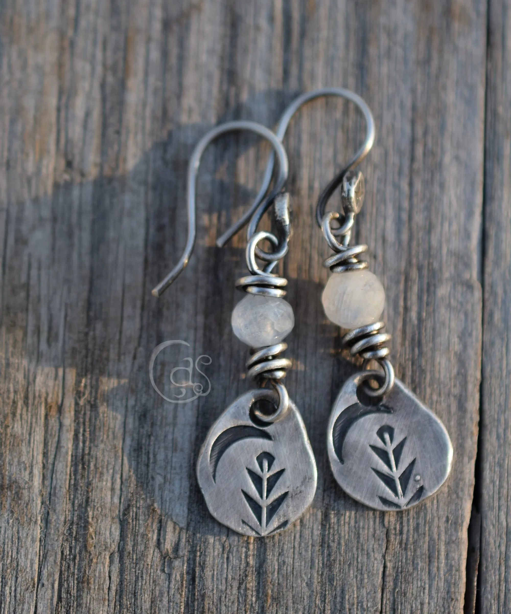 Moonstone Gemstone Earrings. Silver Nugget Crescent Moon Dangles. Handcrafted Boho Style Jewelry 12503