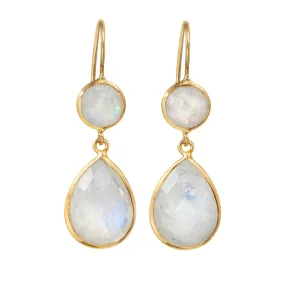 Moonstone Gemstone Two Stone Earrings in Gold Plated Sterling Silver - Teardrop