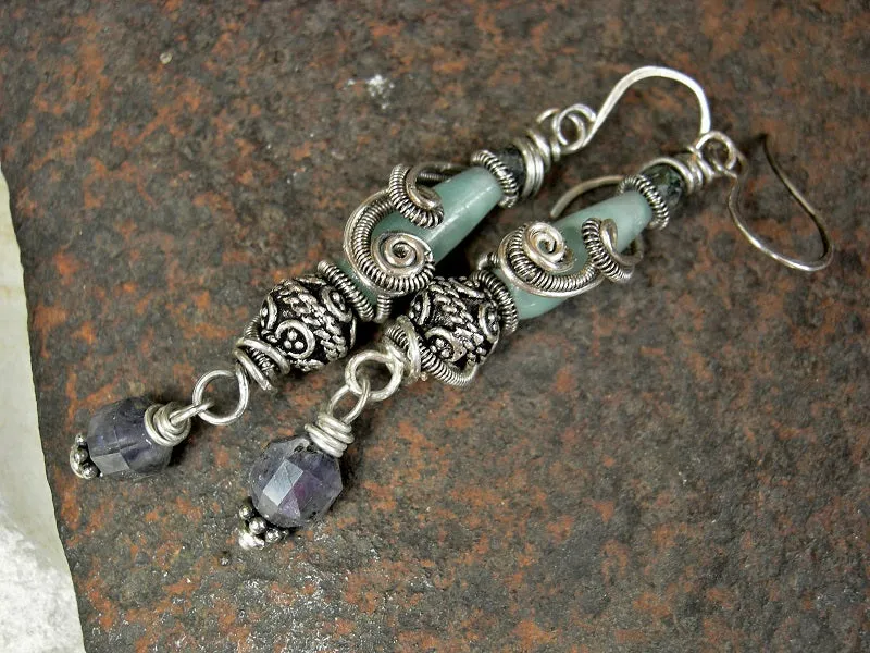 Mountain Stream Sterling Wire Wrap Earrings, Moonstone, Faceted Iolite