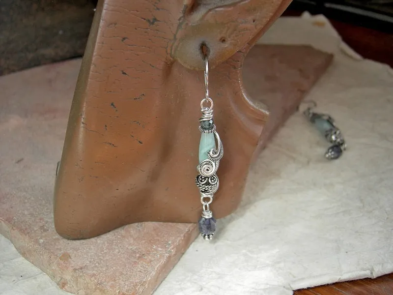 Mountain Stream Sterling Wire Wrap Earrings, Moonstone, Faceted Iolite