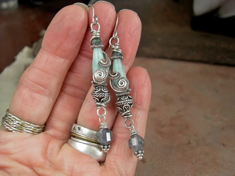 Mountain Stream Sterling Wire Wrap Earrings, Moonstone, Faceted Iolite