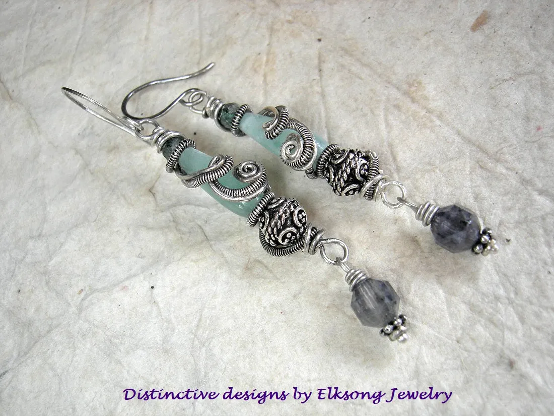Mountain Stream Sterling Wire Wrap Earrings, Moonstone, Faceted Iolite
