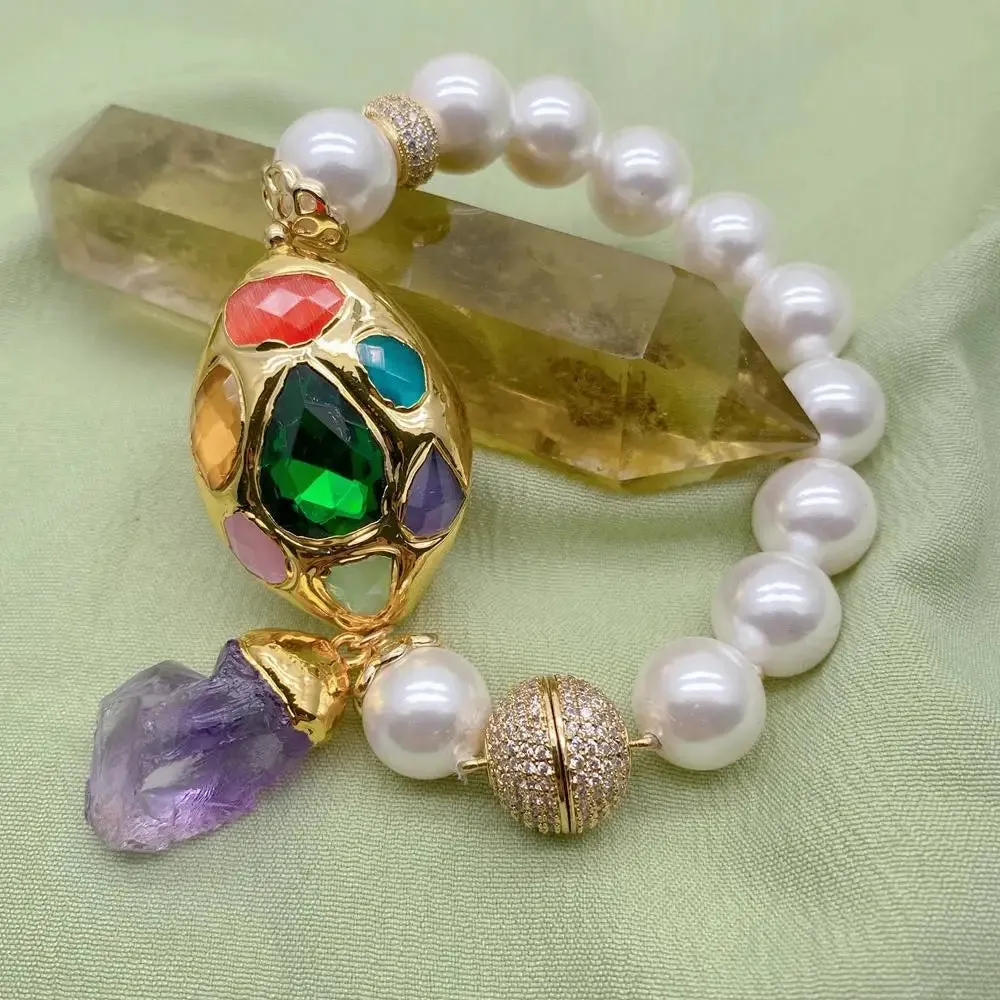 Natural White Pearl & Amethyst Gemstone Bracelet