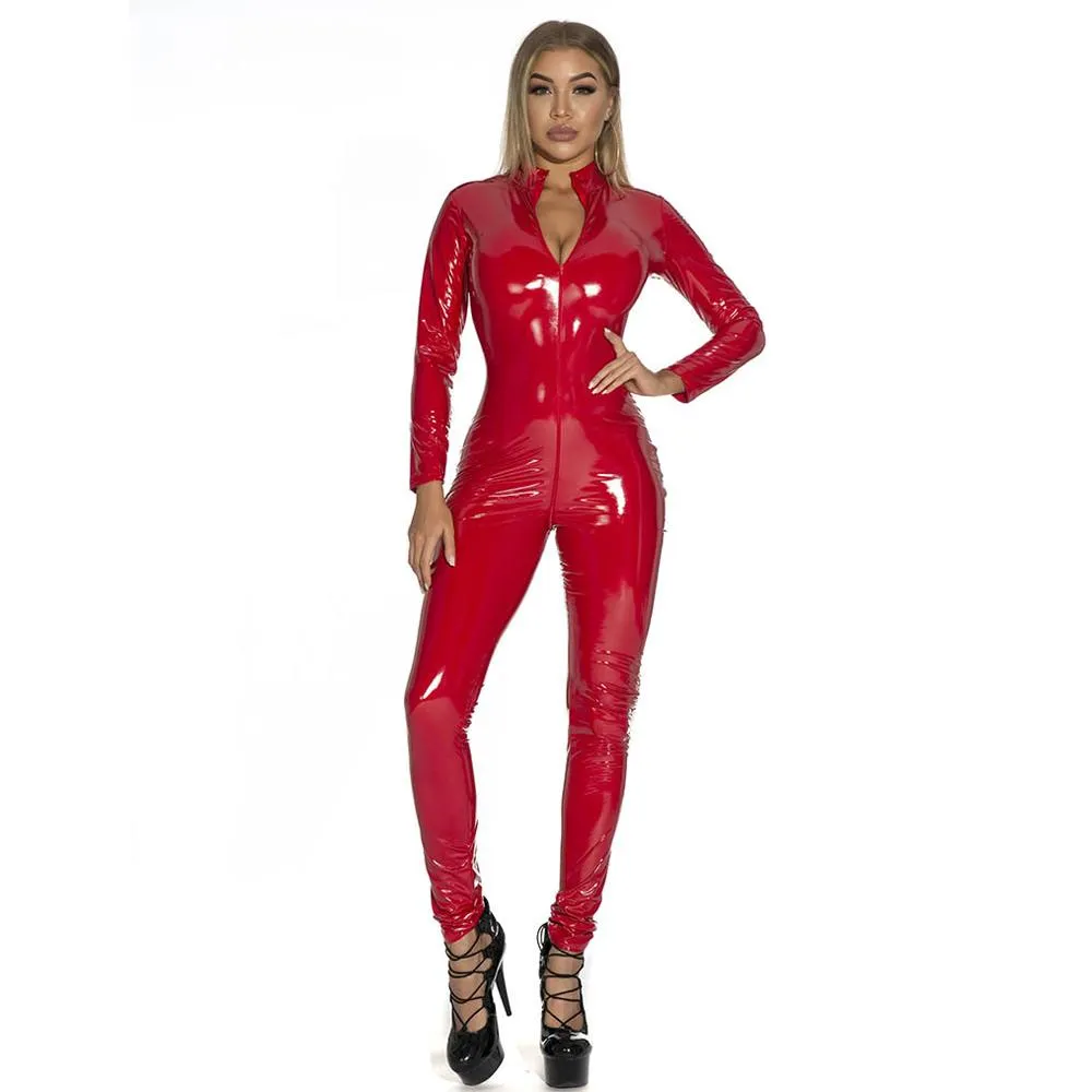 Plus Size Latex Catsuit One Piece Zipper Jumpsuit Long Sleeve Full Bodysuit for Women