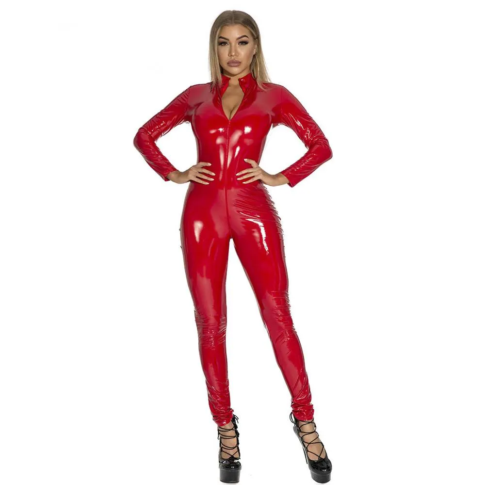 Plus Size Latex Catsuit One Piece Zipper Jumpsuit Long Sleeve Full Bodysuit for Women