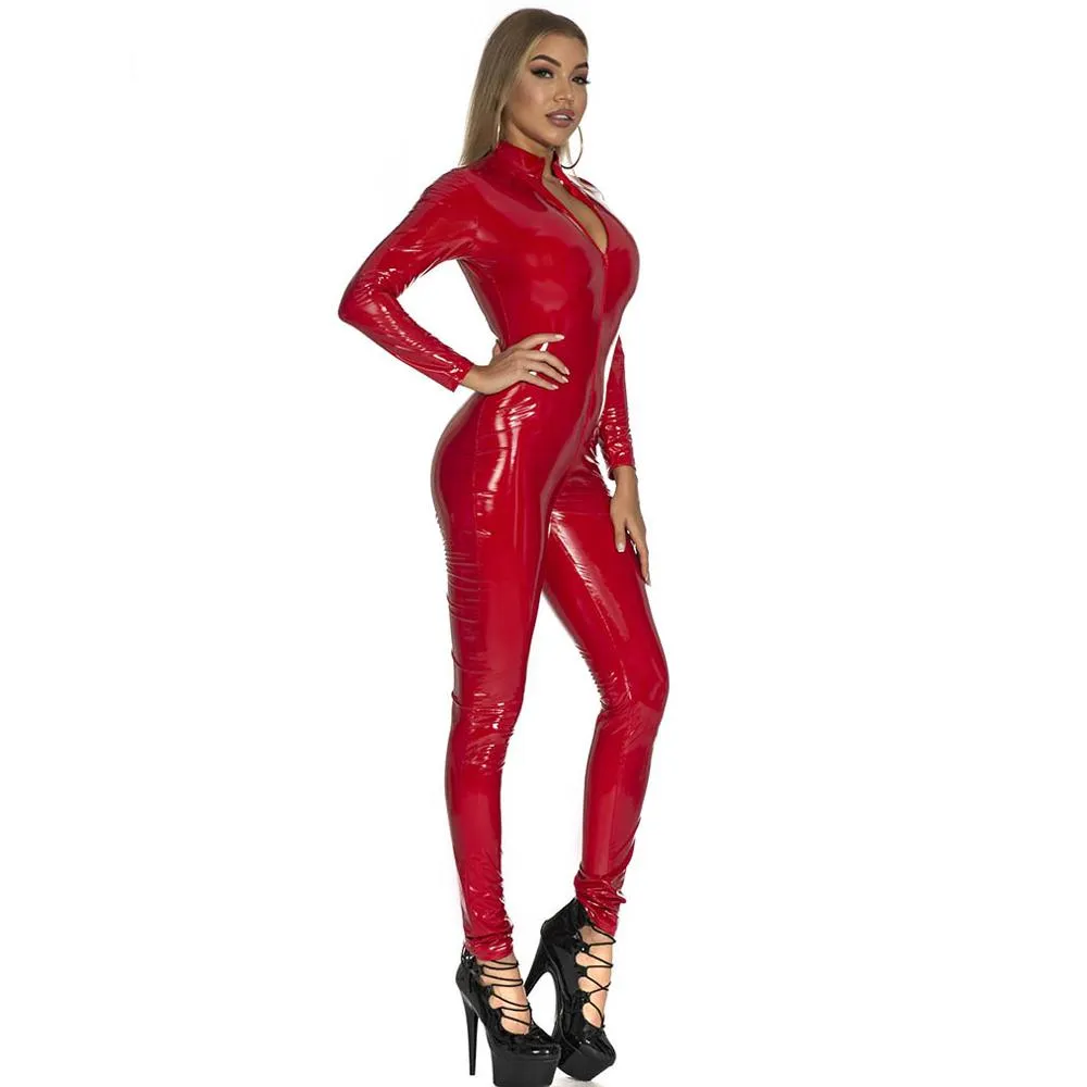 Plus Size Latex Catsuit One Piece Zipper Jumpsuit Long Sleeve Full Bodysuit for Women