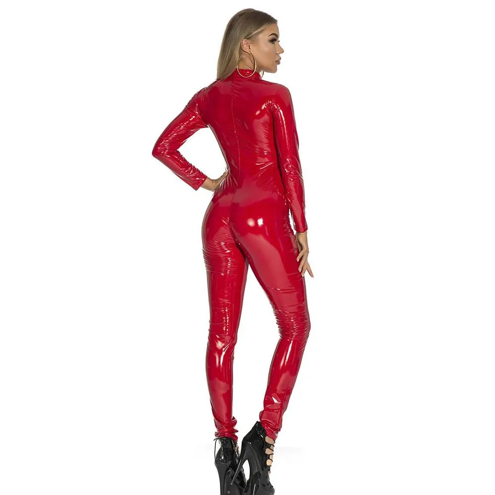 Plus Size Latex Catsuit One Piece Zipper Jumpsuit Long Sleeve Full Bodysuit for Women
