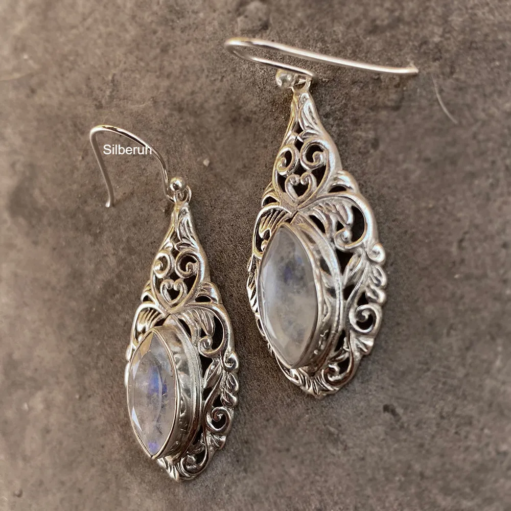 Rainbow Moonstone Facetted Jali Silver Earring