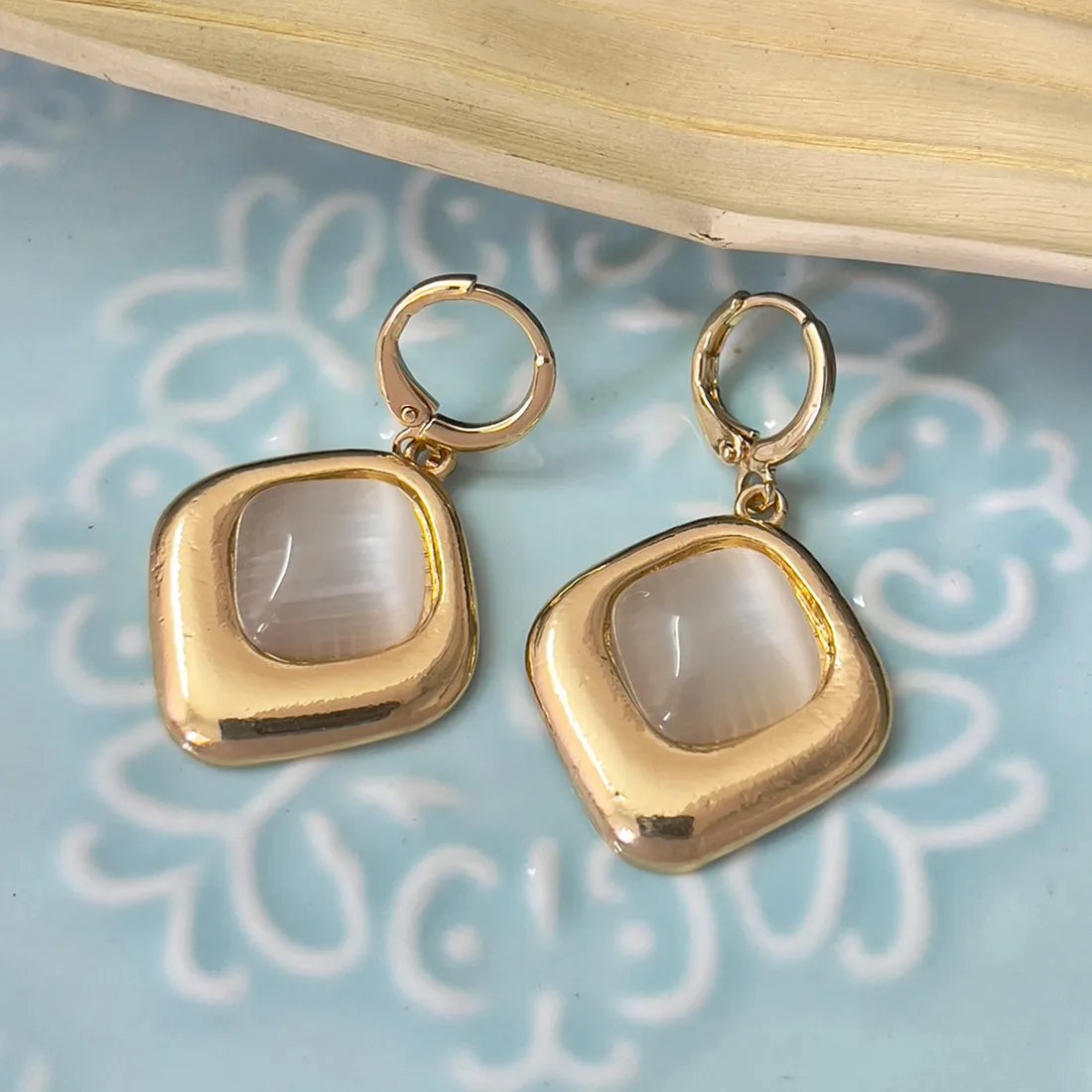 Square White Moonstone Rose Gold-Toned Hoop Drop Earrings