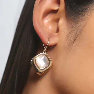 Square White Moonstone Rose Gold-Toned Hoop Drop Earrings