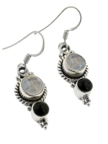 Sterling Silver Black Onyx Rainbow Moonstone Earrings