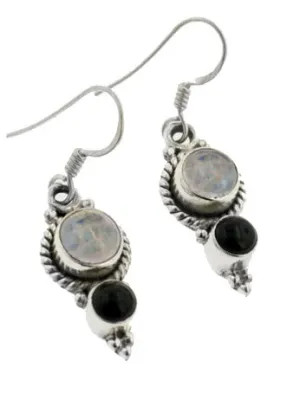 Sterling Silver Black Onyx Rainbow Moonstone Earrings