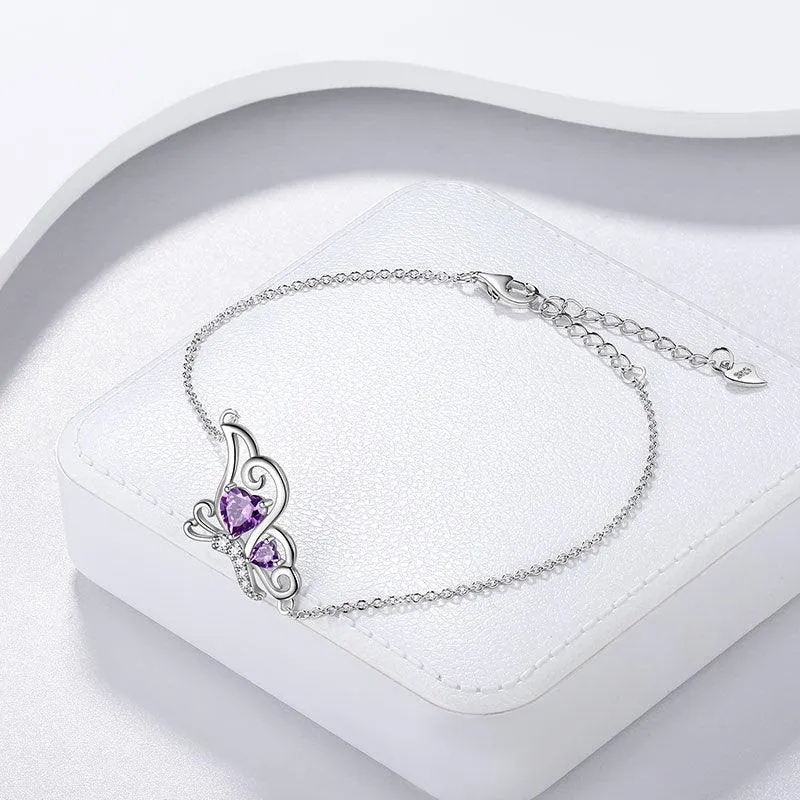 Tokyo Mart Butterfly Birthstone February Amethyst Bracelet Women Girls Jewelry Birthday Gift 925 Sterling Silver