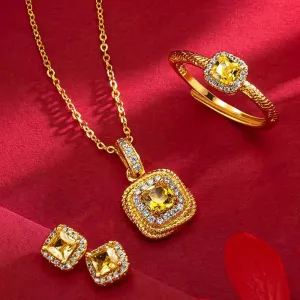 Women Square Zircon Necklace Ring Stud Earrings Jewelry B294799